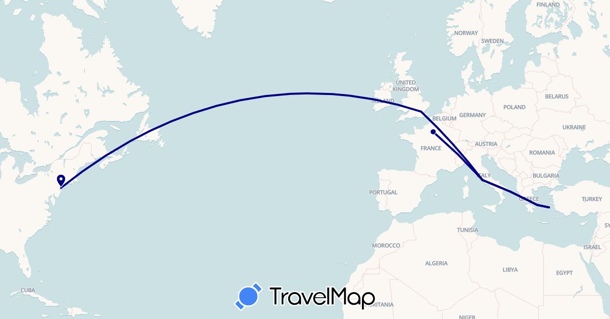 TravelMap itinerary: driving in France, United Kingdom, Greece, Italy, United States (Europe, North America)